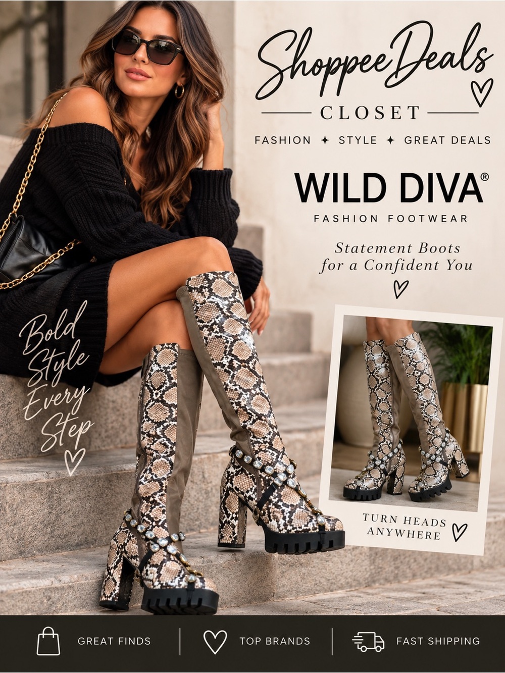 Wild Diva Snake Print Rhinestone Knee High Platform Boots Size 6.5 NWT